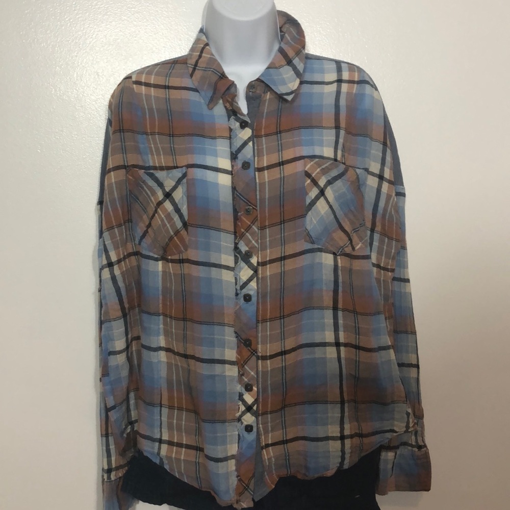 We the Free blue and rust colored plaid flannel - Picture 4 of 7
